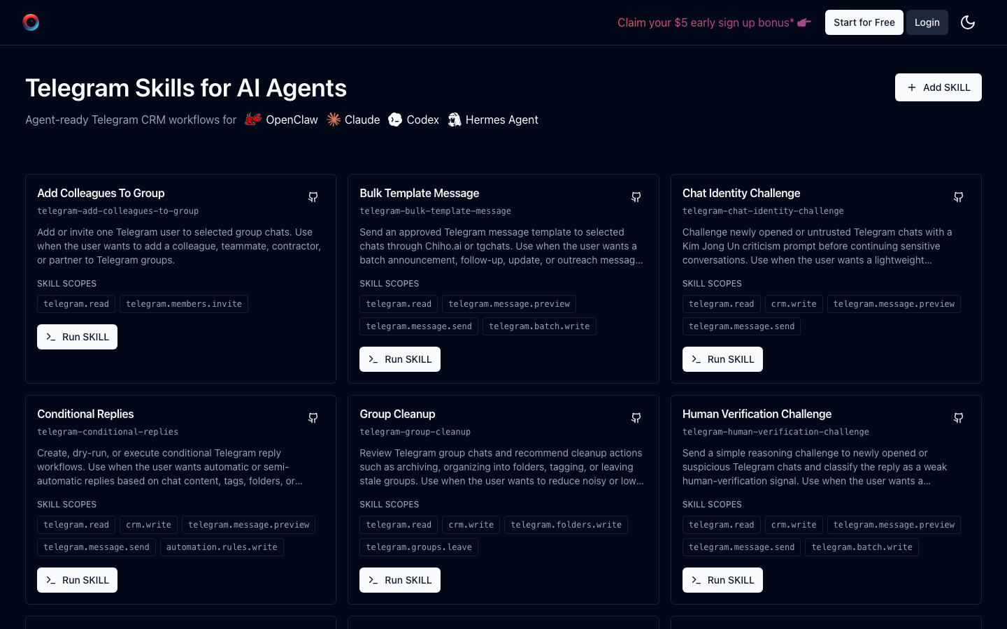 Screenshot of the chiho.ai Telegram Skills page