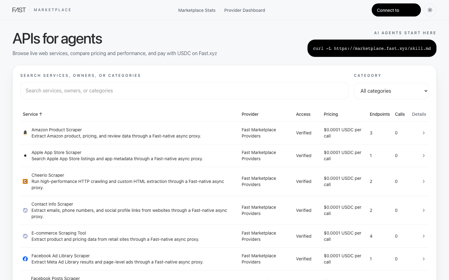 Screenshot of the marketplace.fast.xyz landing page